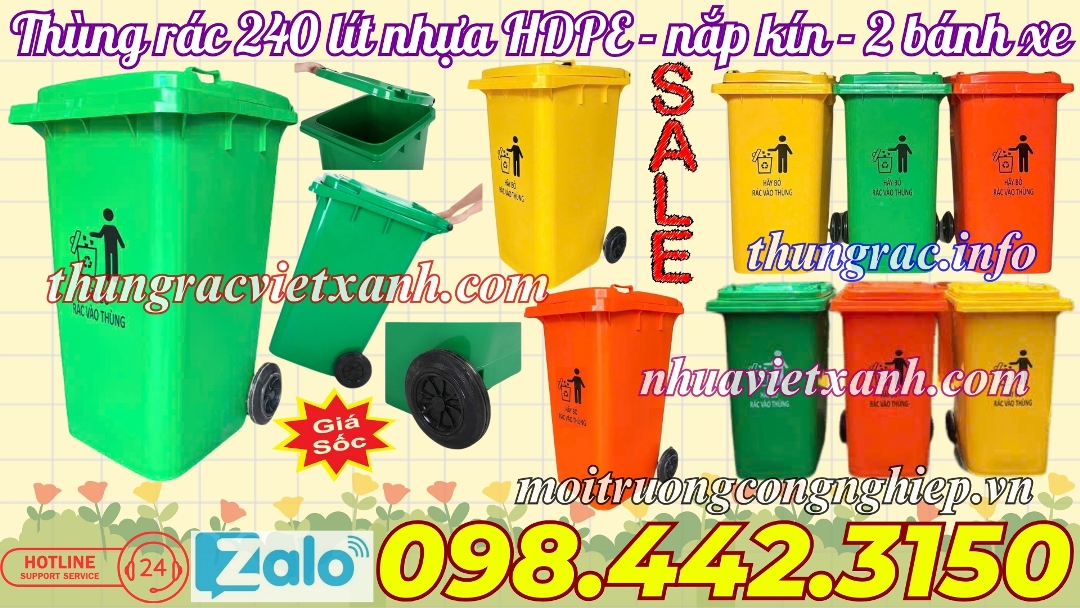 Thùng rác nhựa 240 lít nắp kín 2 bánh xe