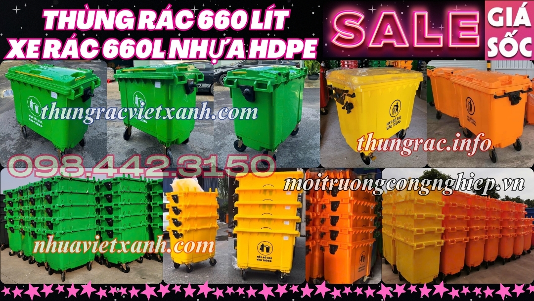 Thùng rác 660 lít nhựa HDPE 4 bánh xe nắp kín