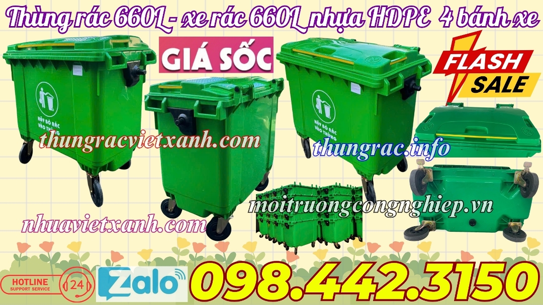 Thùng rác 660 lít nhựa HDPE 4 bánh xe