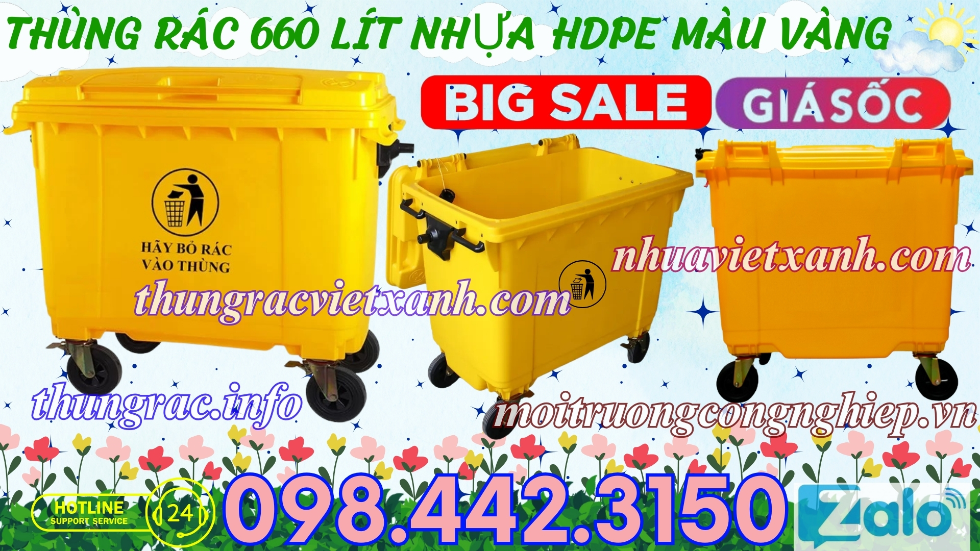 Thùng rác 660 lít nhựa HDPE màu vàng