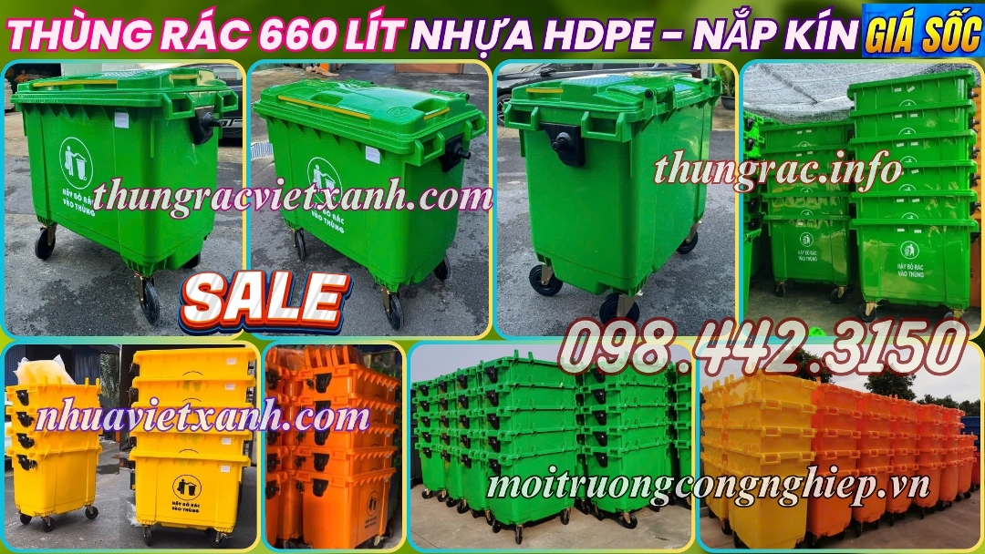 Thùng rác 660 lít nhựa HDPE nắp kín 4 bánh xe 