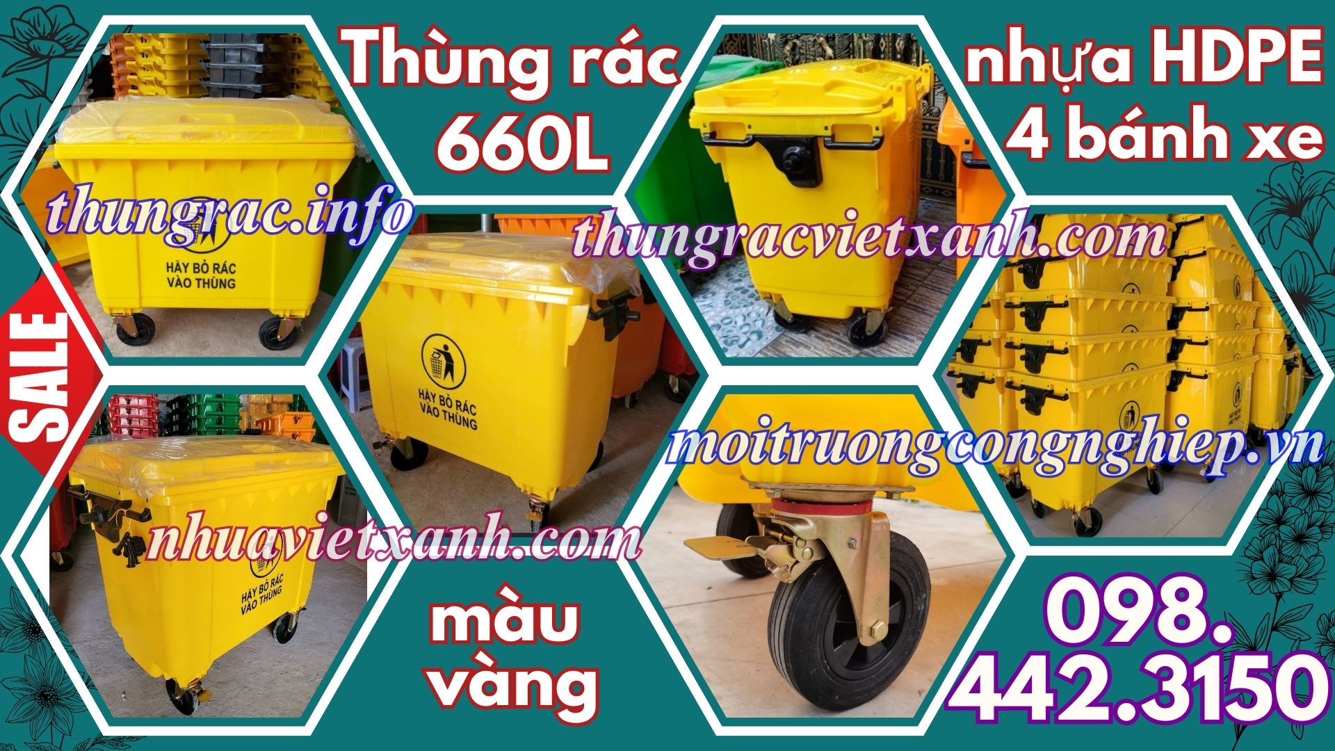 Thùng rác 660L nhựa HDPE 4 bánh xe màu vàng