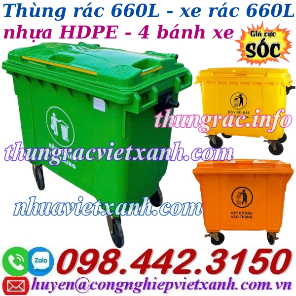 Thùng rác 660L nhựa HDPE 4 bánh xe