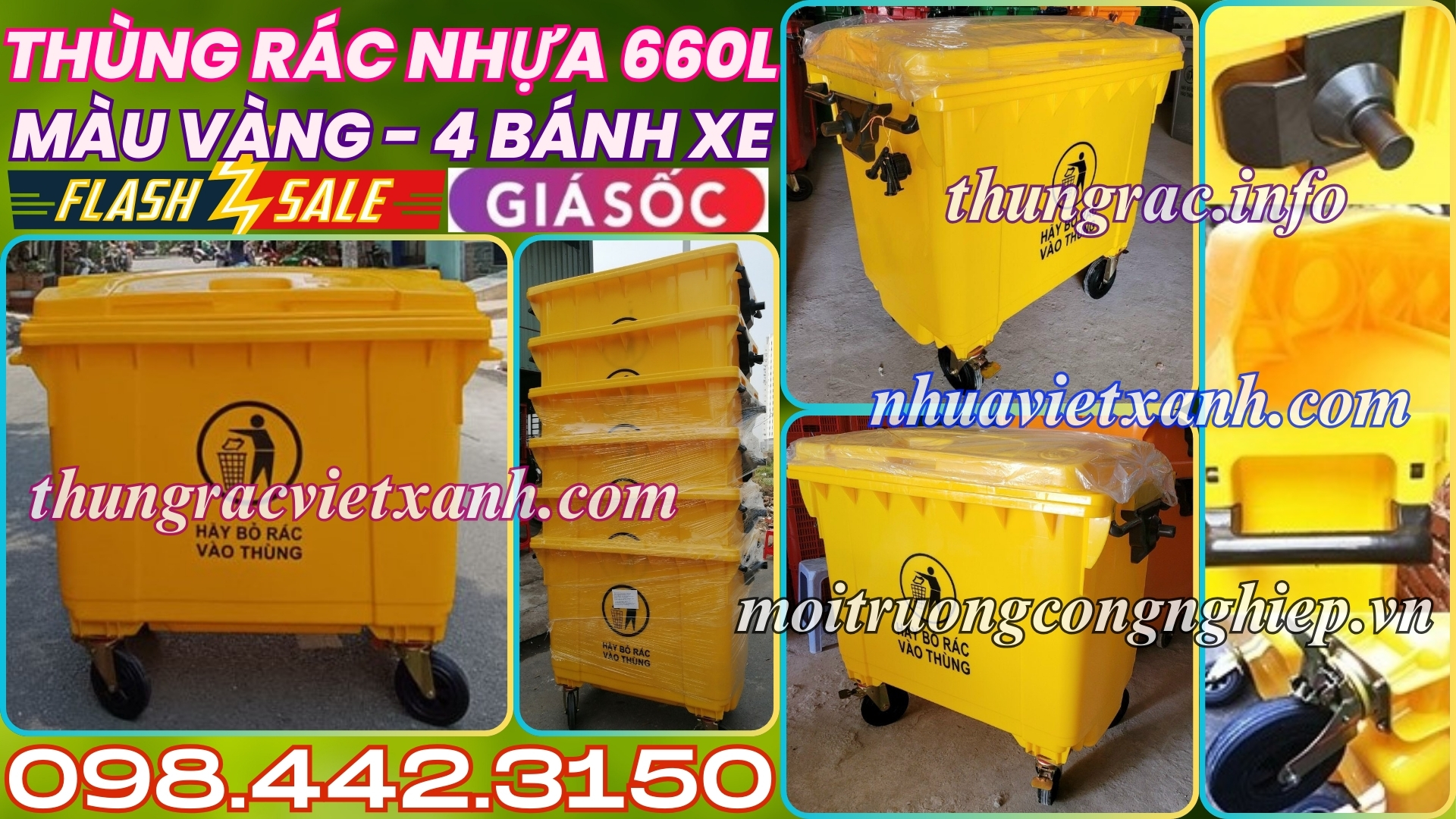 Thùng rác nhựa 660L màu vàng 4 bánh xe