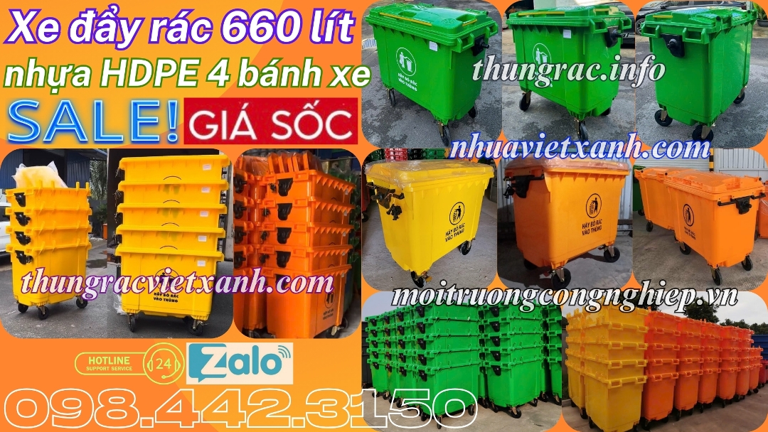 Xe đẩy rác 660 lít nhựa HDPE 4 bánh xe