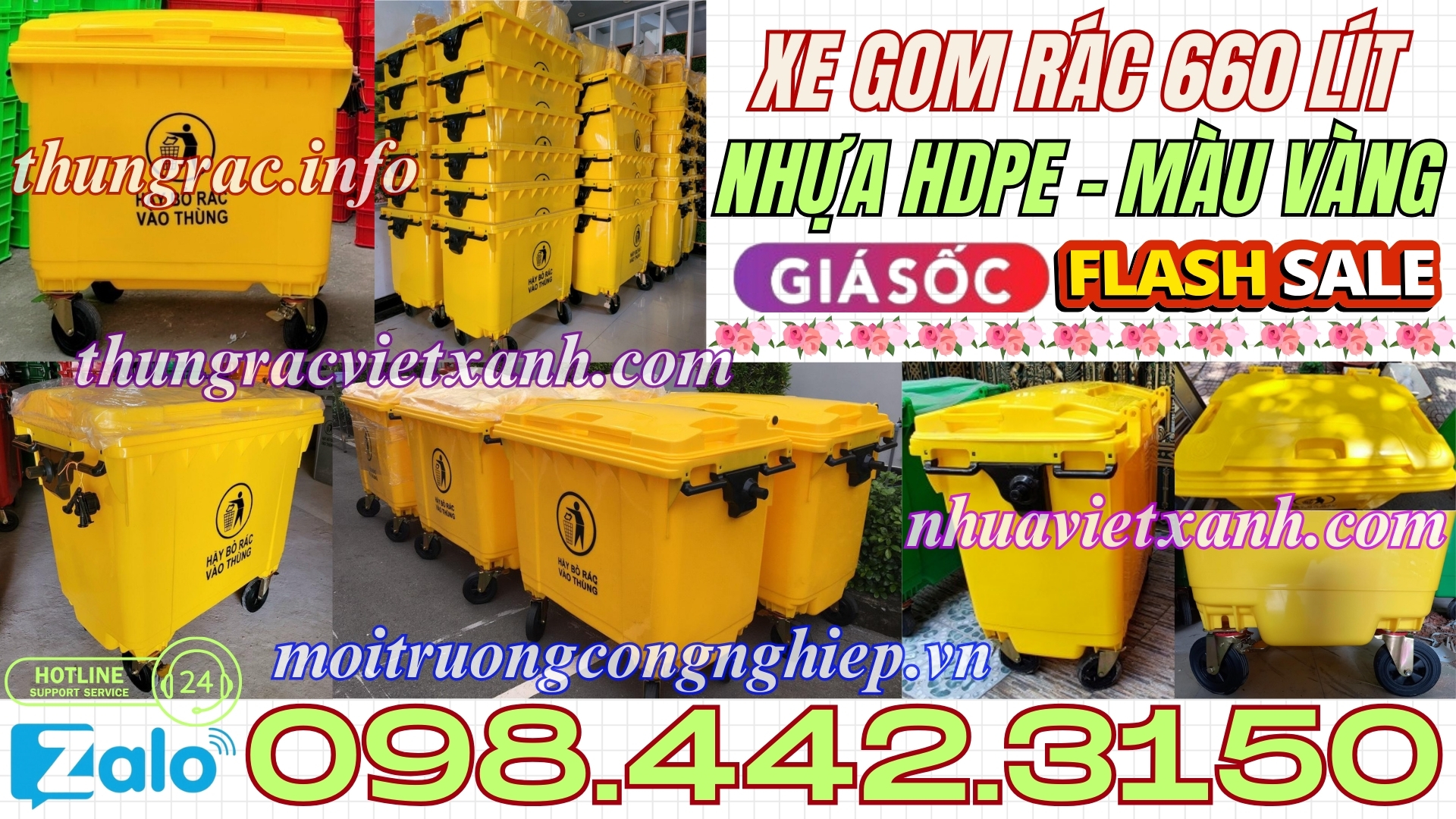 Xe gom rác 660 lít nhựa HDPE màu vàng