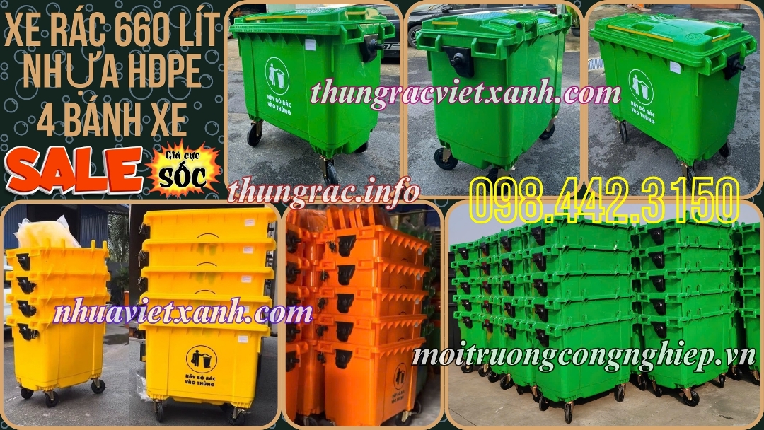 Xe rác 660 lít nhựa HDPE 4 bánh xe