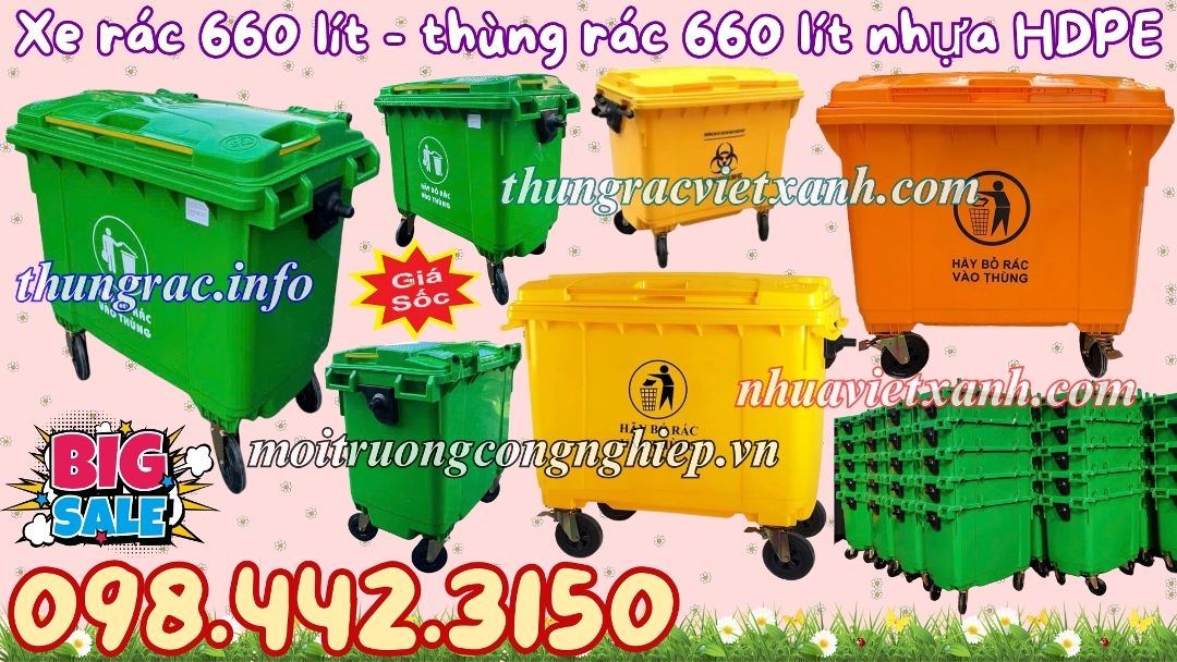 Xe rác 660L nhựa HDPE 4 bánh xe