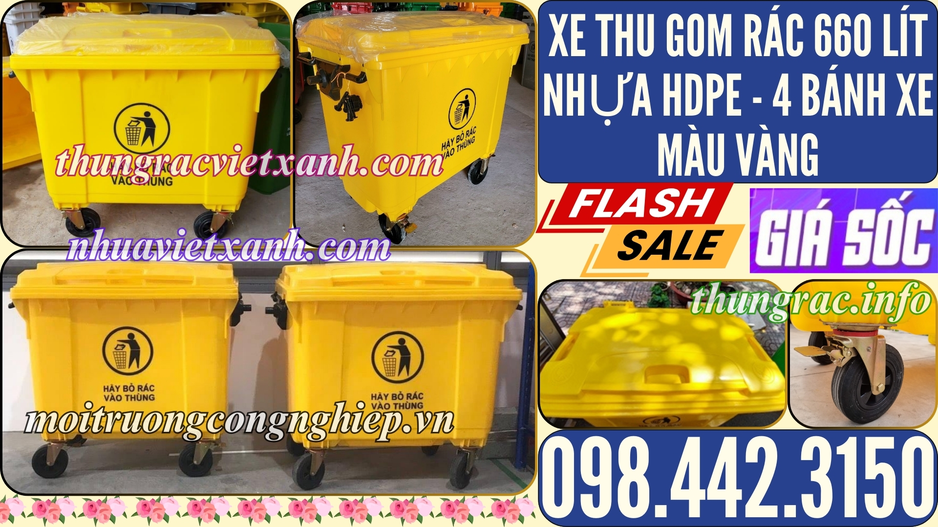 Xe thu gom rác 660 lít màu vàng nhựa HDPE 4 bánh xe