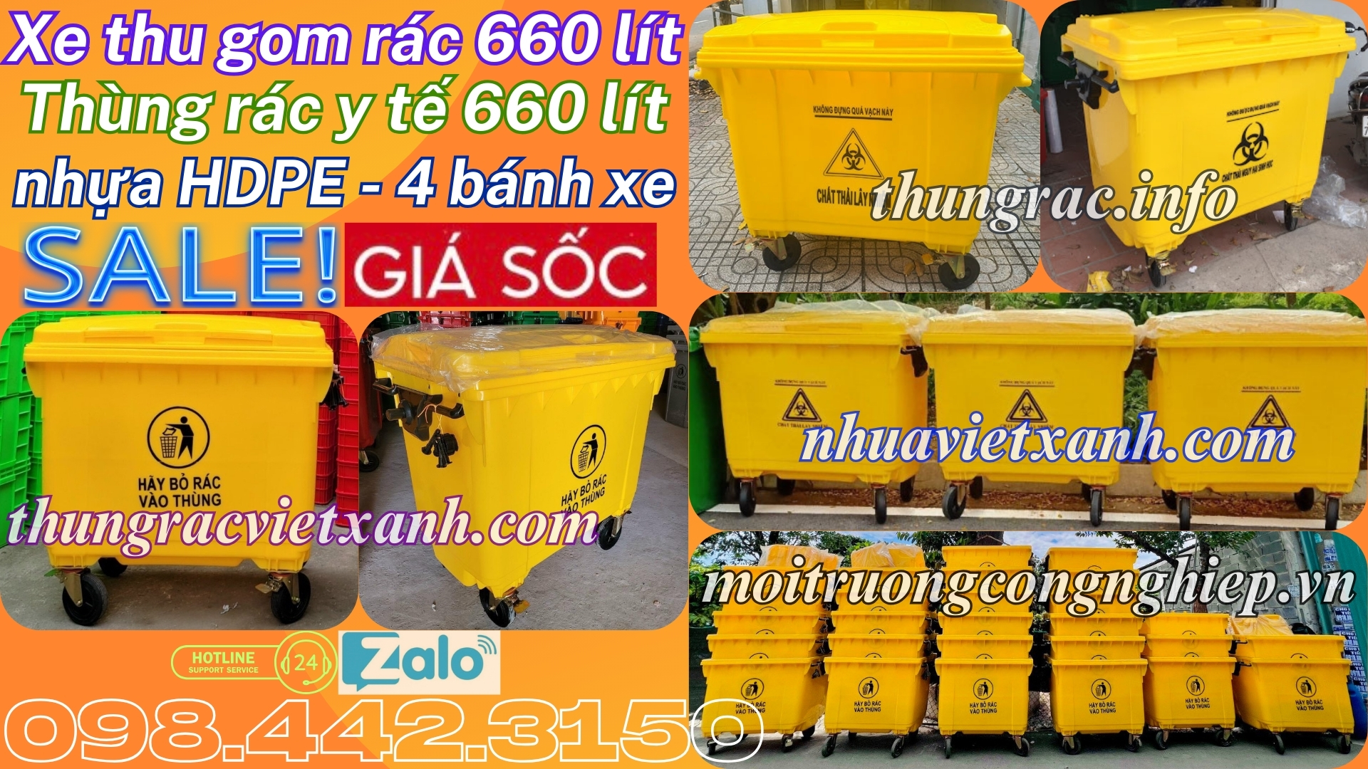 Xe thu gom rác 660 lít nhựa HDPE 4 bánh xe màu vàng