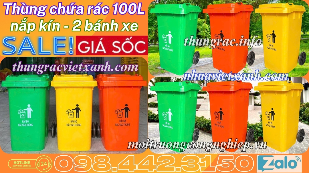 Thùng chứa rác 100L nắp kín 2 bánh xe