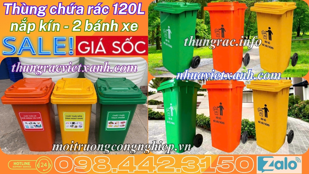 Thùng chứa rác 120L nắp kín 2 bánh xe