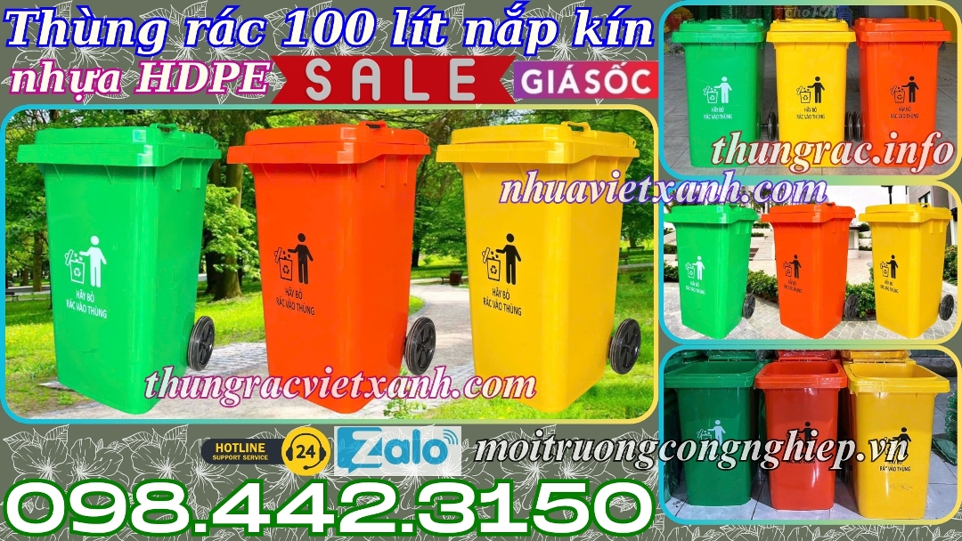 Thùng rác 100 lít nắp kín nhựa HDPE