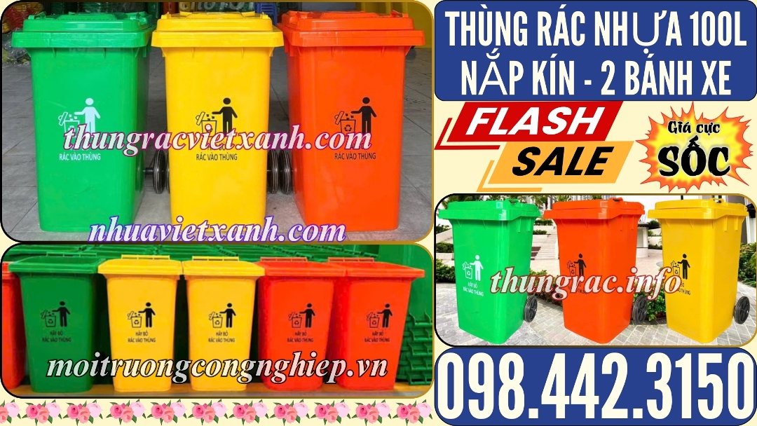 Thùng rác 100 lít nhựa HDPE nắp kín 2 bánh xe