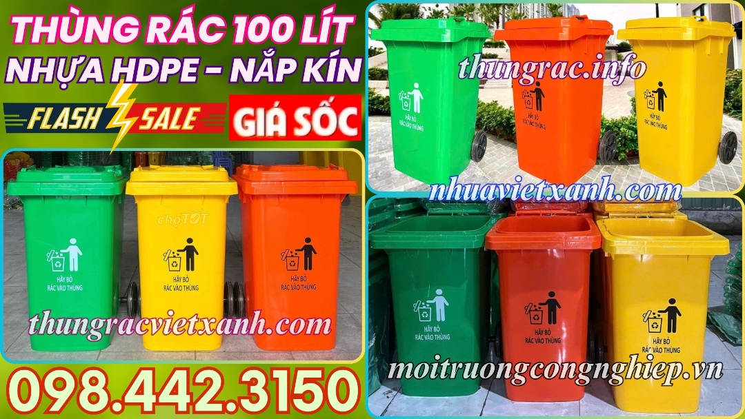 Thùng rác 100 lít nhựa HDPE nắp kín