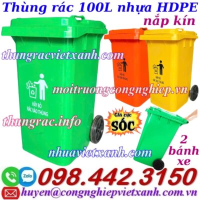Thùng rác 100L nhựa HDPE nắp kín 2 bánh xe
