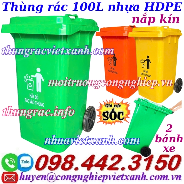 Thùng rác 100L nhựa HDPE nắp kín 2 bánh xe
