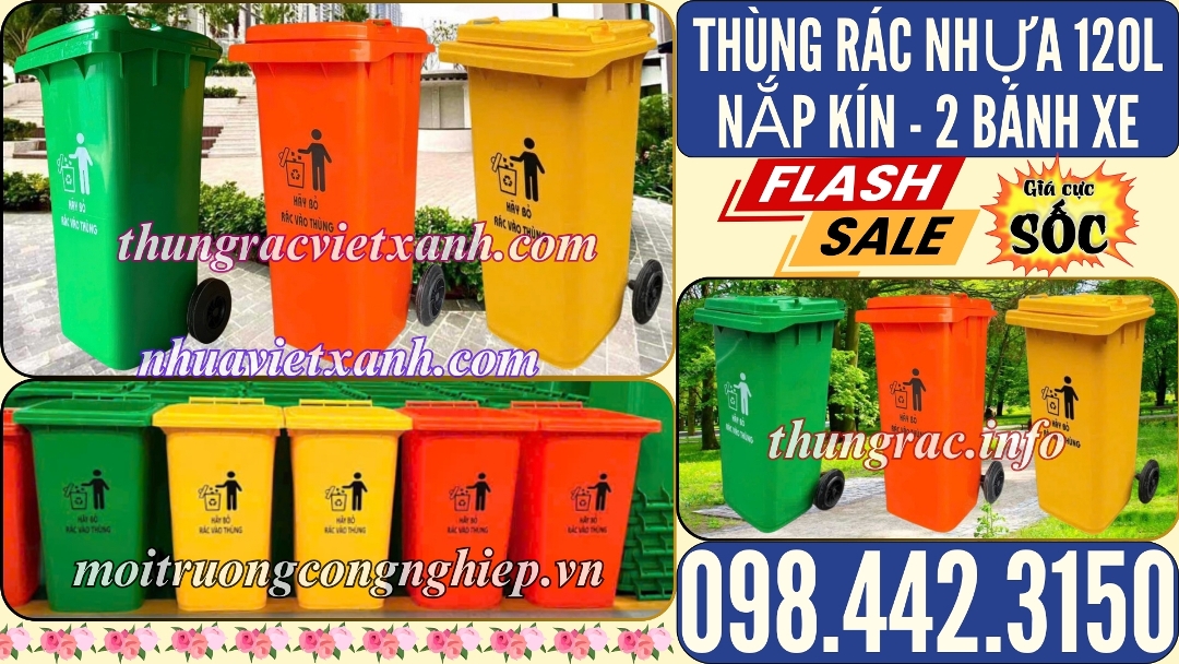 Thùng rác 120 lít nhựa HDPE nắp kín 2 bánh xe