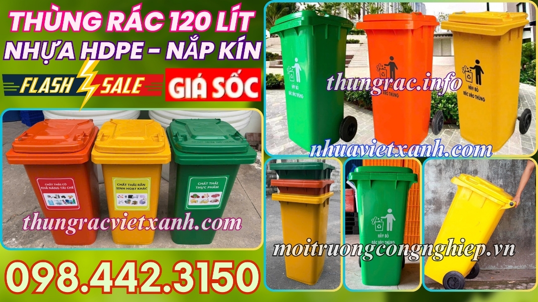 Thùng rác 120 lít nhựa HDPE nắp kín
