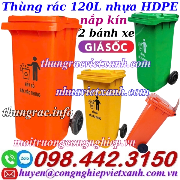 Thùng rác 120L nhựa HDPE nắp kín 2 bánh xe Thùng rác 120L nhựa HDPE nắp kín 2 bánh xe