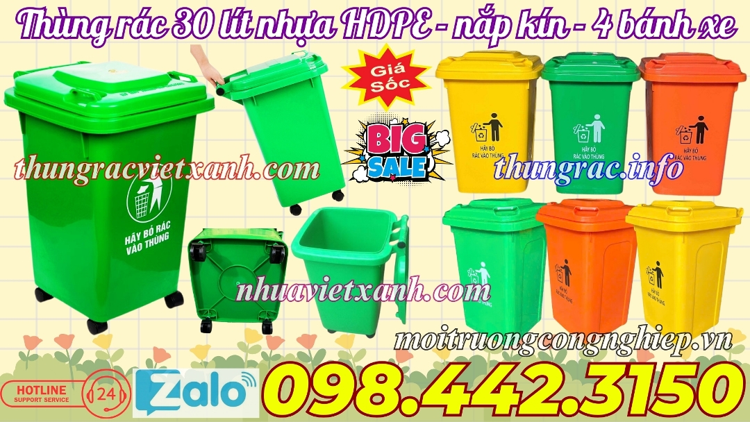 Thùng rác 30 lít nhựa HDPE nắp kín 4 bánh xe