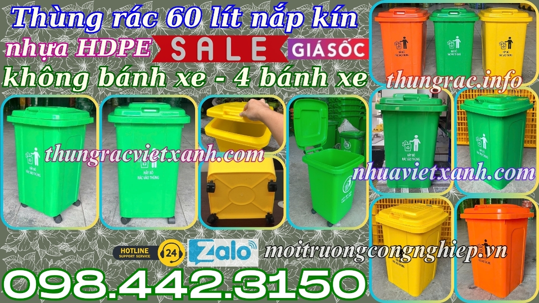 Thùng rác 60 lít nắp kín nhựa HDPE