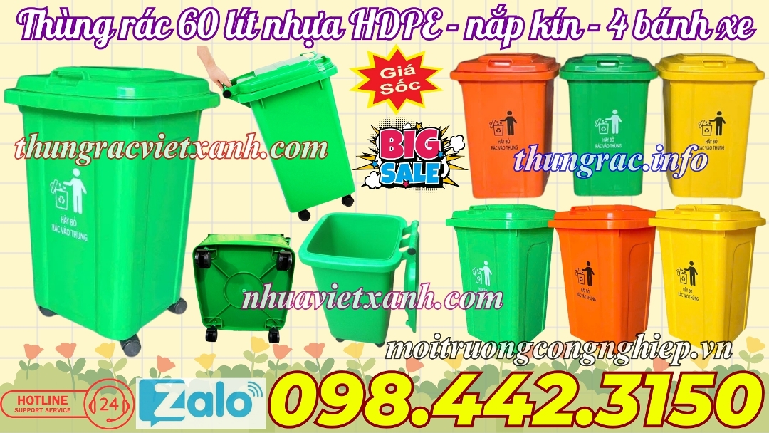 Thùng rác 60 lít nhựa HDPE nắp kín 4 bánh xe