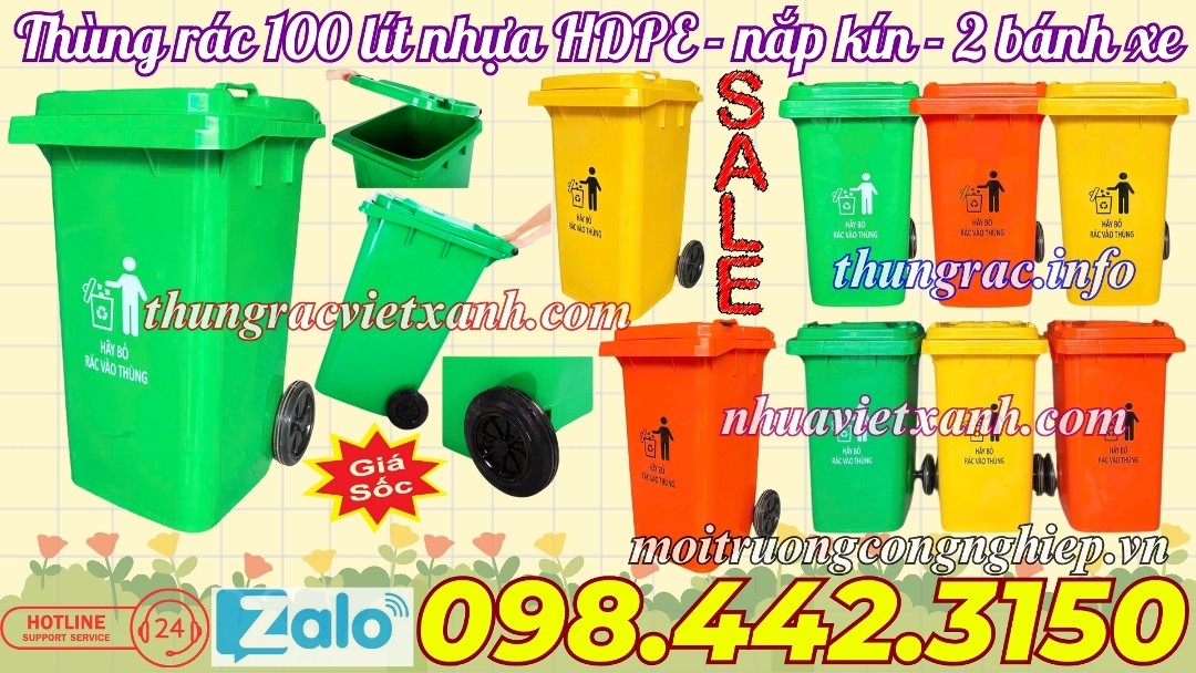 Thùng rác nhựa 100 lít nắp kín 2 bánh xe