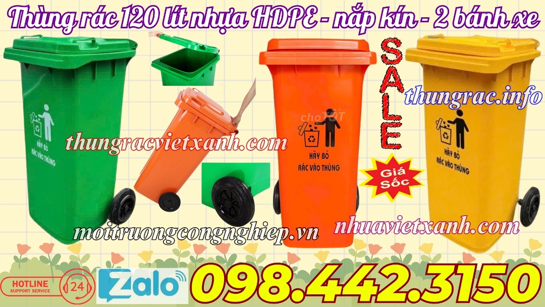 Thùng rác nhựa 120 lít nắp kín 2 bánh xe