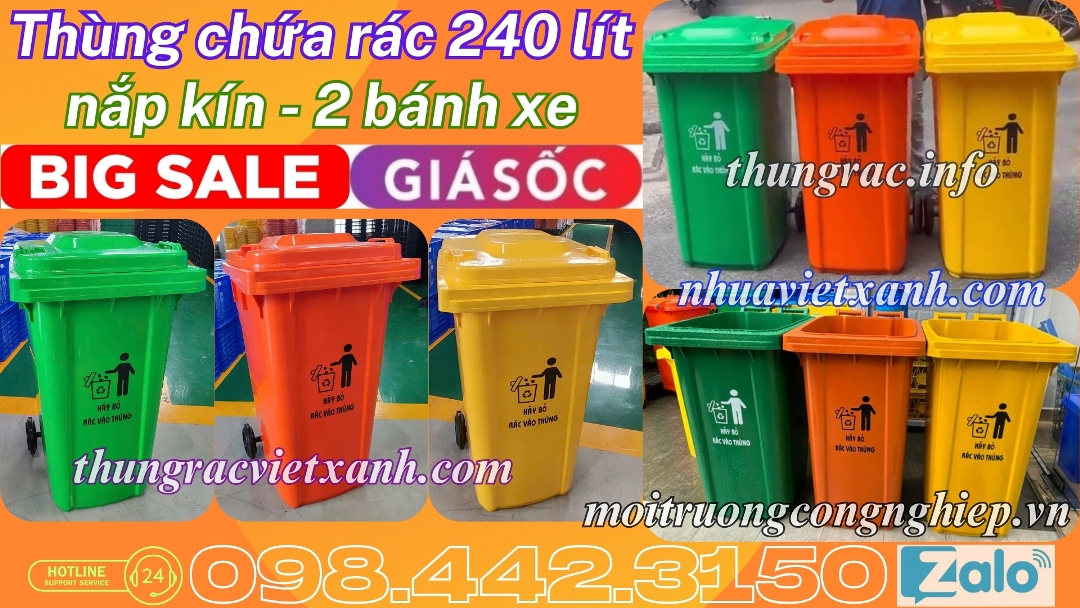 Thùng chứa rác 240L nắp kín 2 bánh xe