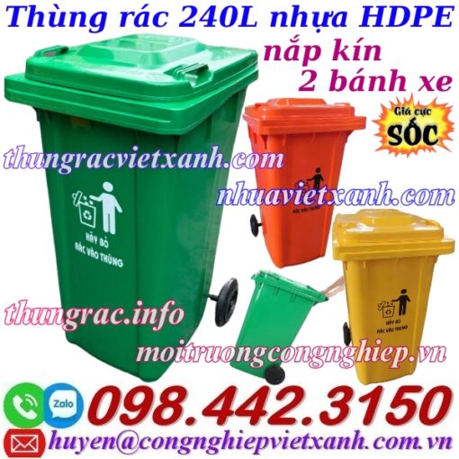 Thùng rác 240 lít nhựa HDPE nắp kín 2 bánh xe