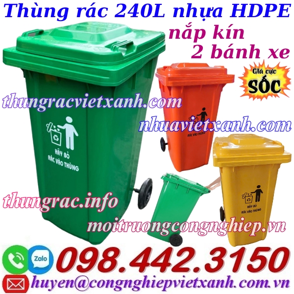 Thùng rác 240 lít nhựa HDPE nắp kín 2 bánh xe Thùng rác 240 lít nhựa HDPE nắp kín 2 bánh xe