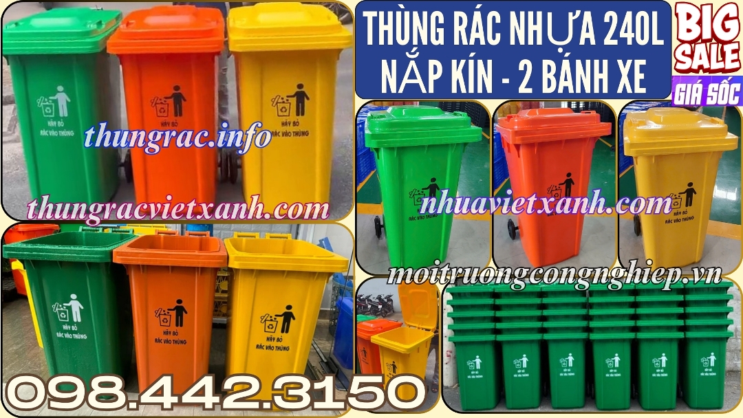 Thùng rác 240L nhựa HDPE nắp kín 2 bánh xe