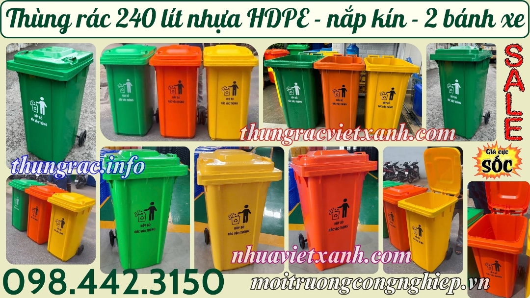 Thùng rác nhựa 240 lít nắp kín 2 bánh xe