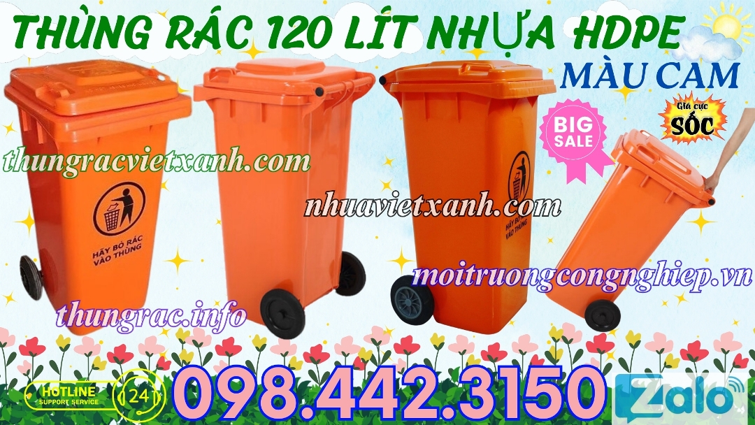 Thùng rác 120 lít nhựa HDPE màu cam
