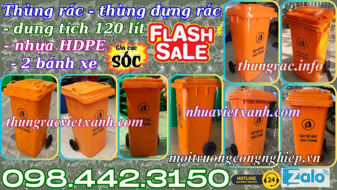 Thùng rác 120 lít nhựa HDPE nắp kín màu cam