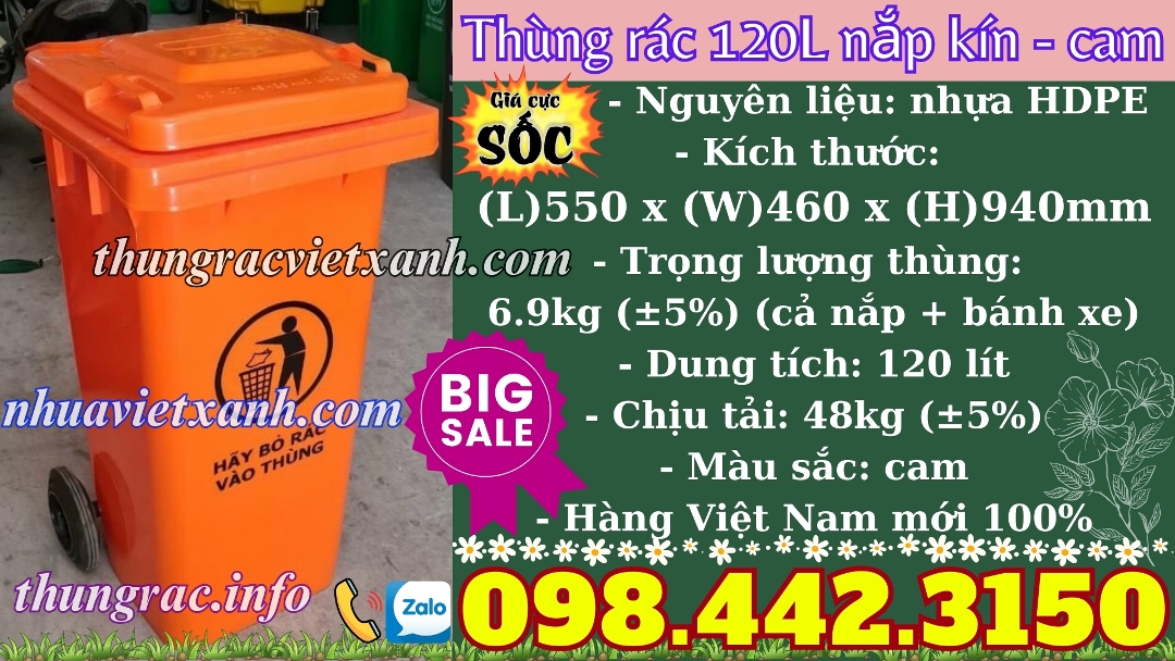 Thùng rác 120L nắp kín cam