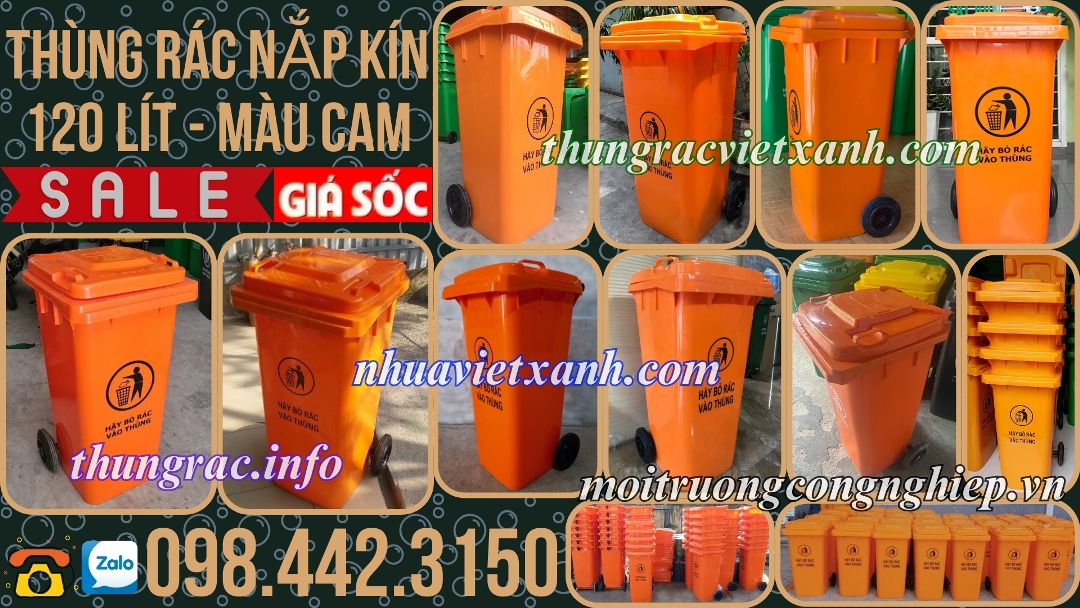 Thùng rác nắp kín 120 lít màu cam