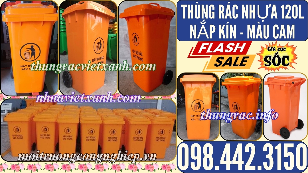 Thùng rác nhựa 120L nắp kín màu cam
