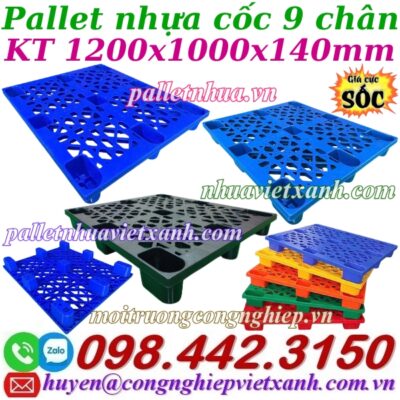 Pallet nhựa cốc 9 chân 1200x1000x140mm