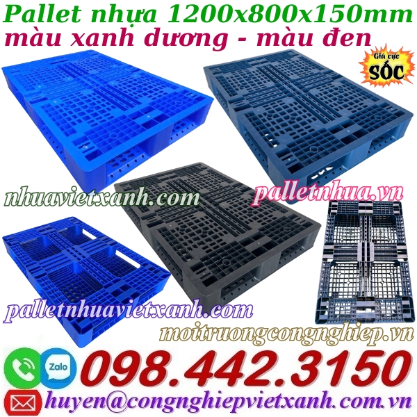 Pallet nhựa 1200x800x150mm xanh dương và đen