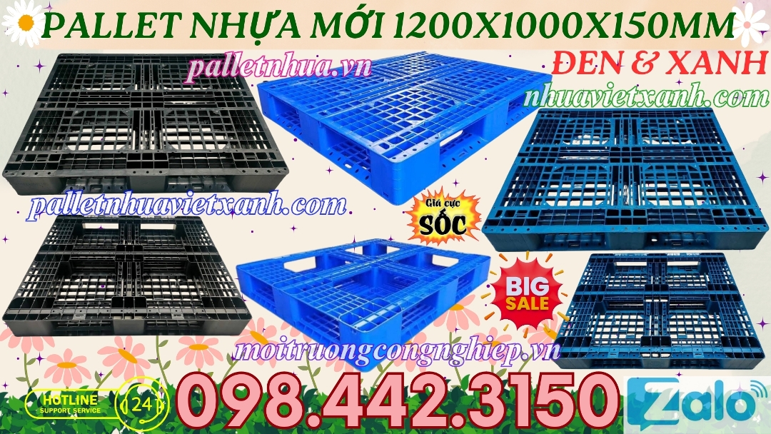 Pallet nhựa mới 1200x1000x150mm đen và xanh