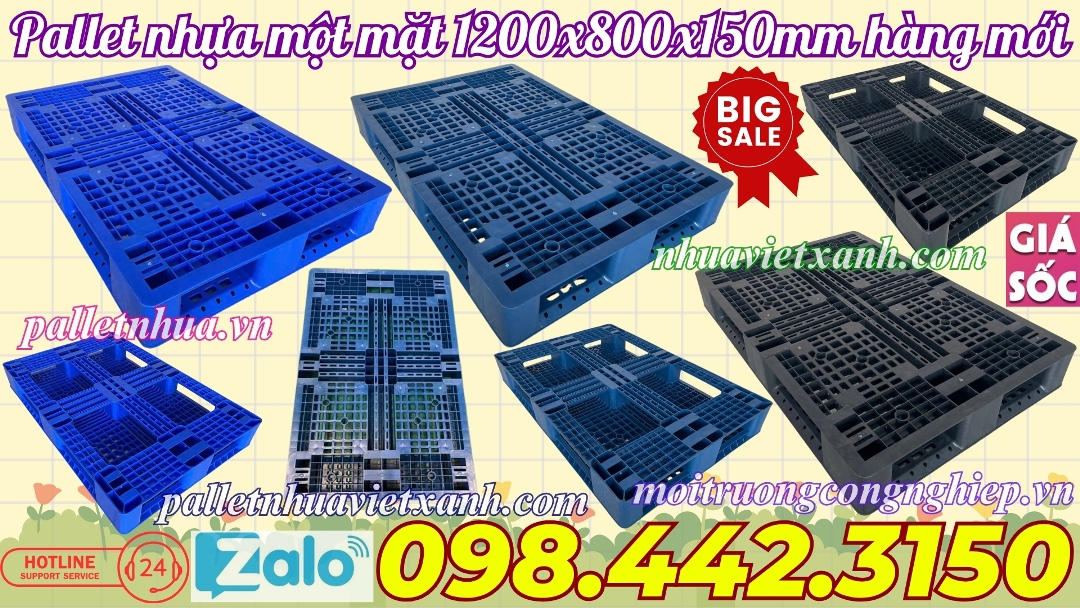 Pallet nhựa một mặt 1200x800x150mm hàng mới