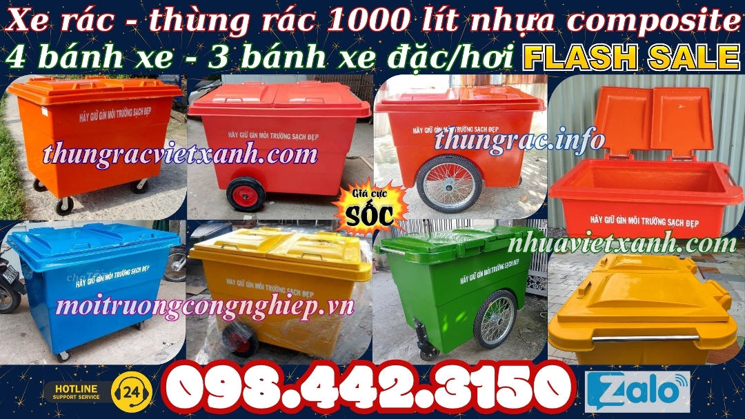 Thùng rác 1000 lít nhựa composite 4 bánh xe và 3 bánh xe đặc/hơi