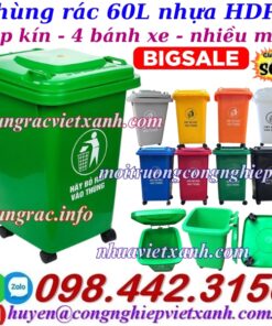 Thùng rác 60 lít nhựa HDPE nắp kín 4 bánh xe nhiều màu