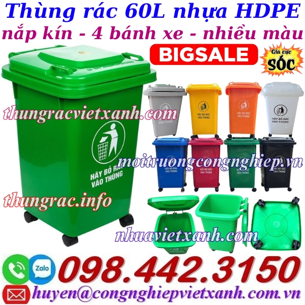 Thùng rác 60 lít nhựa HDPE nắp kín 4 bánh xe nhiều màu