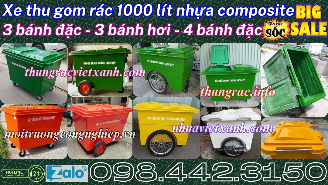 Xe đẩy rác 1000 lít nhựa composite