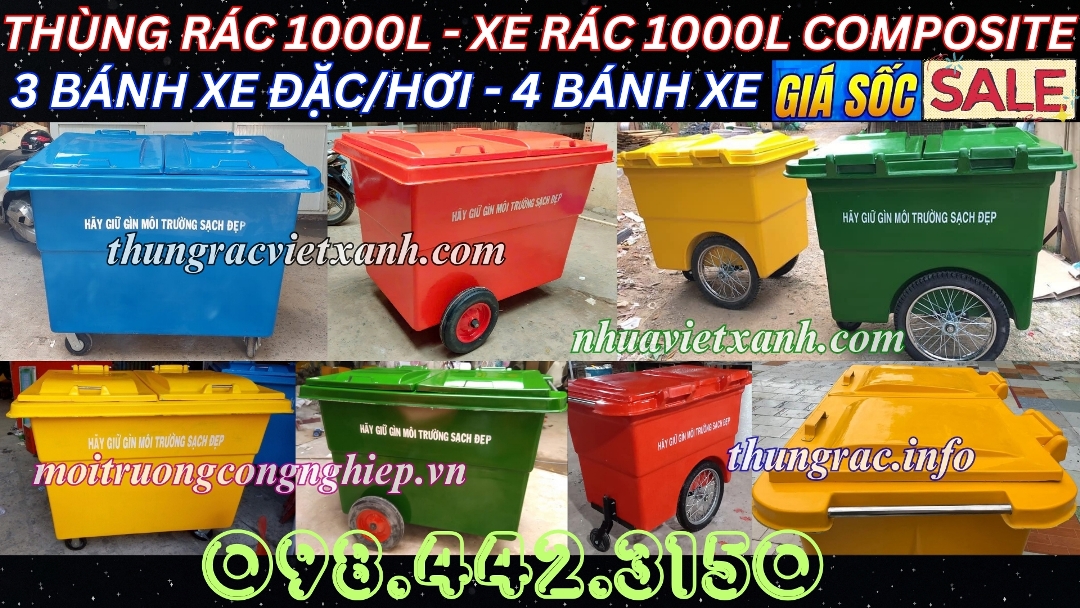 Xe rác 1000 lít nhựa composite 4 bánh xe và 3 bánh xe đặc/hơi