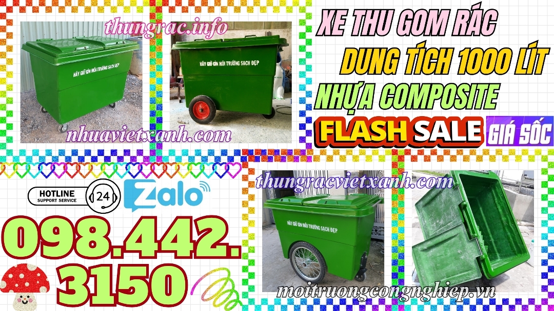 Xe thu gom rác 1000 lít nhựa composite