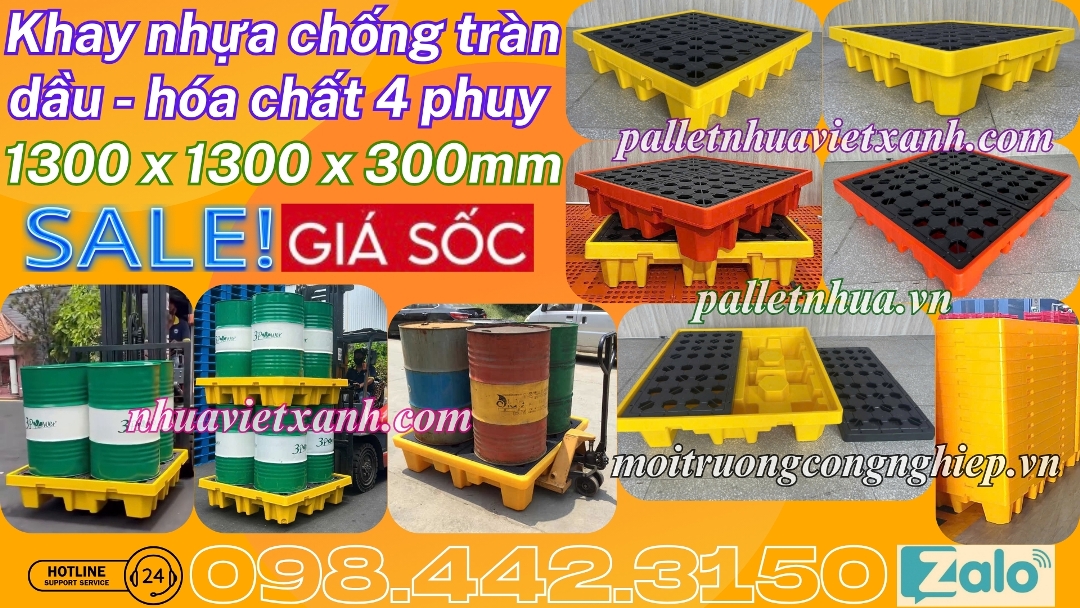 Khay nhựa chống tràn 4 thùng phuy 1300x1300x300mm